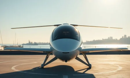 Joby Aviation eVTOL aircraft on a helipad with a city skyline in the background