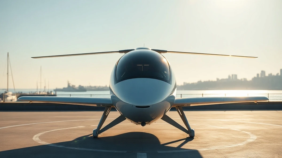 Joby Aviation eVTOL aircraft on a helipad with a city skyline in the background