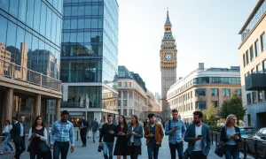 Modern office buildings and professionals in King's Cross, London, now a leading AI hub