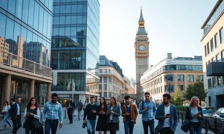Modern office buildings and professionals in King's Cross, London, now a leading AI hub
