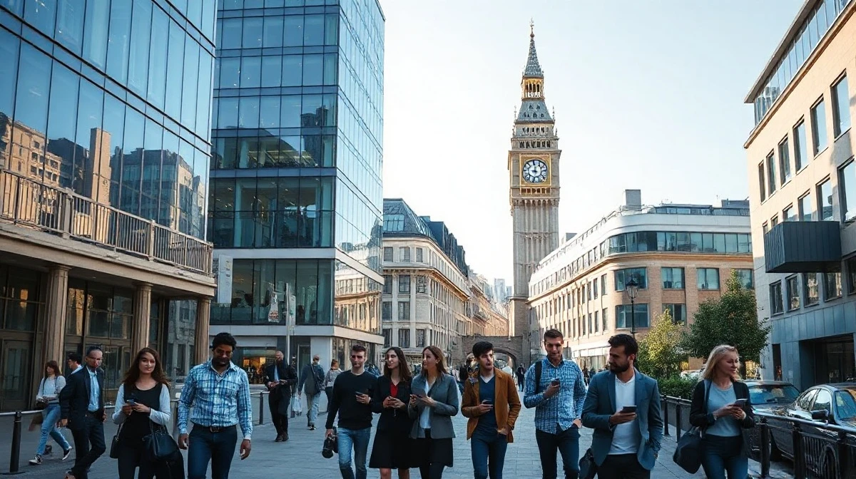 Modern office buildings and professionals in King's Cross, London, now a leading AI hub