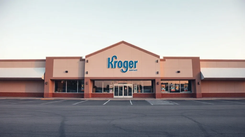 Exterior of a Kroger supermarket with an empty parking lot, illustrating recent store closures