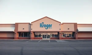 Exterior of a Kroger supermarket with an empty parking lot, illustrating recent store closures