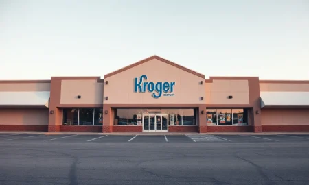 Exterior of a Kroger supermarket with an empty parking lot, illustrating recent store closures