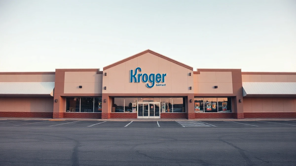 Exterior of a Kroger supermarket with an empty parking lot, illustrating recent store closures