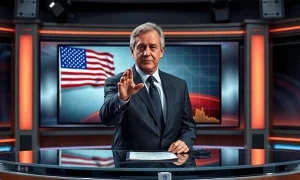 Larry Kudlow speaking on a TV studio set with an American flag and stock chart in the background