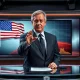 Larry Kudlow speaking on a TV studio set with an American flag and stock chart in the background