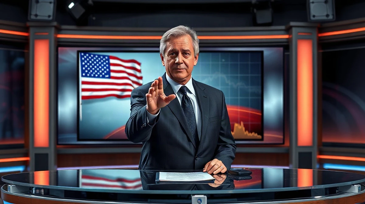 Larry Kudlow speaking on a TV studio set with an American flag and stock chart in the background