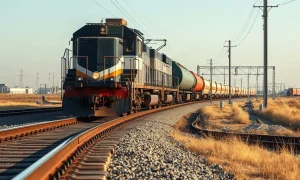 Freight train on railway tracks representing L.B. Foster rail technology and infrastructure growth