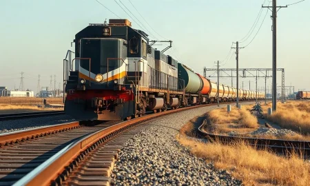 Freight train on railway tracks representing L.B. Foster rail technology and infrastructure growth