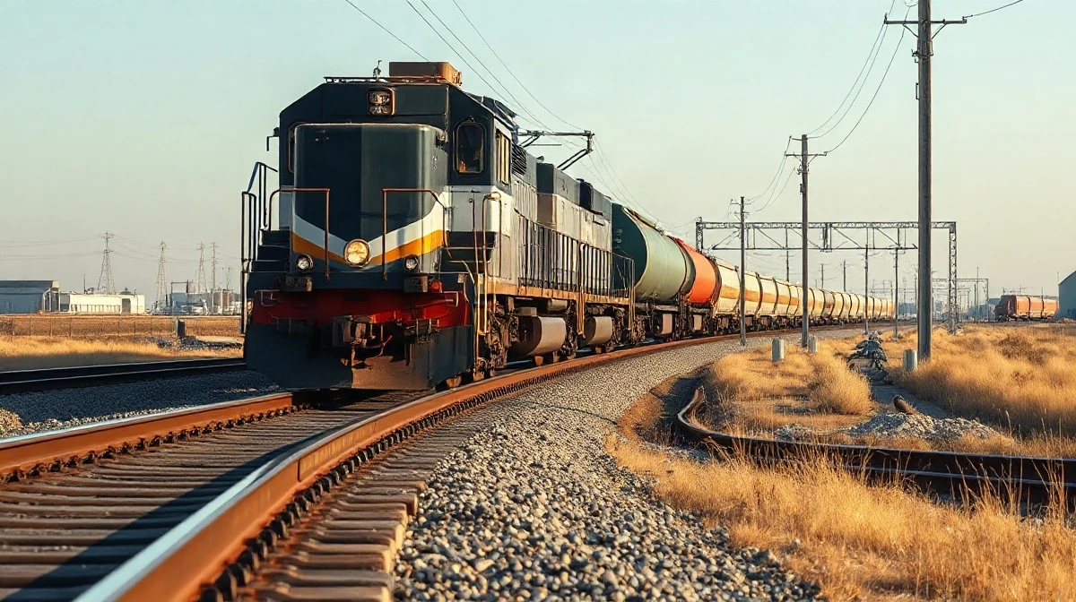Freight train on railway tracks representing L.B. Foster rail technology and infrastructure growth