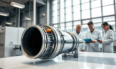 Engineers inspecting a hybrid rocket engine prototype in a Japanese aerospace facility