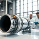 Engineers inspecting a hybrid rocket engine prototype in a Japanese aerospace facility