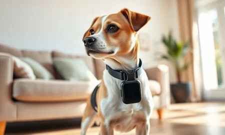A dog wearing a Life360 GPS tracker on its collar in a sunlit living room