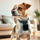 A dog wearing a Life360 GPS tracker on its collar in a sunlit living room
