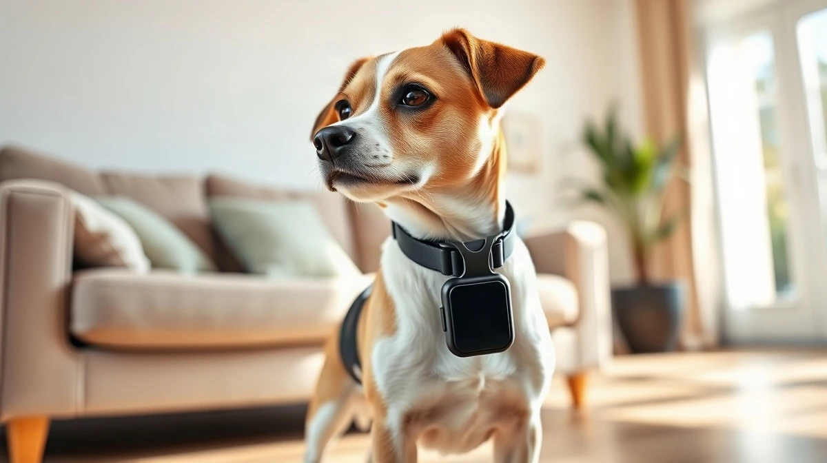 A dog wearing a Life360 GPS tracker on its collar in a sunlit living room
