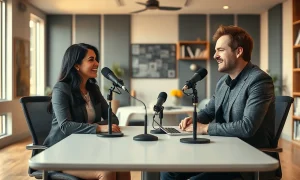 Claire Zau and Josh Machiz recording the Lightwork podcast in a modern studio