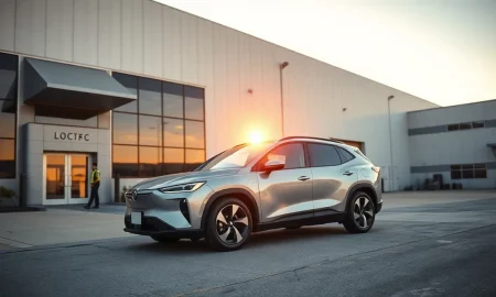 Lucid Gravity SUV parked outside the company's Casa Grande, Arizona factory at sunset.