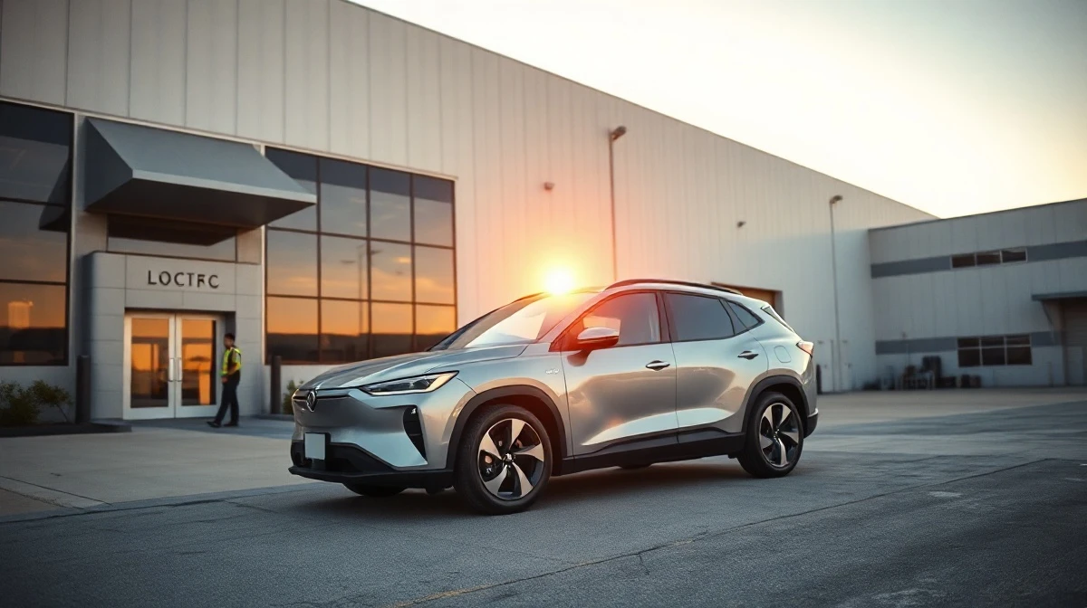 Lucid Gravity SUV parked outside the company's Casa Grande, Arizona factory at sunset.