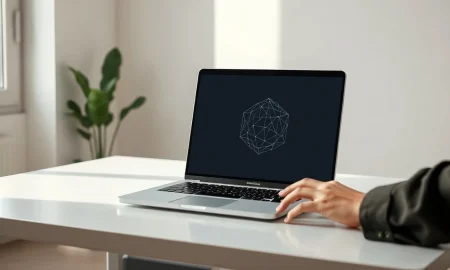 Laptop with on-device AI processing representation in a modern office setting