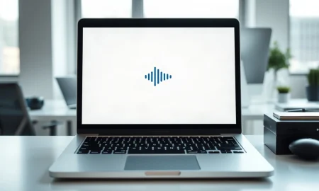 MacBook displaying Meta AI assistant with dictation interface on a desk