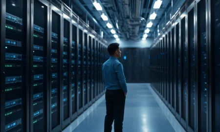 Inside a modern data center with server racks and a person in the foreground, representing Meta's AI infrastructure.