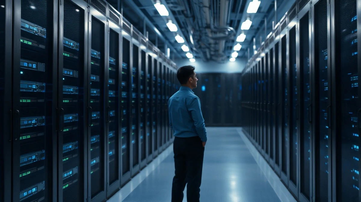 Inside a modern data center with server racks and a person in the foreground, representing Meta's AI infrastructure.