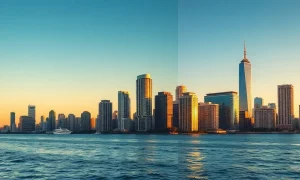Miami skyline at sunset with Biscayne Bay, with Manhattan skyline faintly visible in the background, illustrating the cost comparison debate.