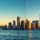 Miami skyline at sunset with Biscayne Bay, with Manhattan skyline faintly visible in the background, illustrating the cost comparison debate.