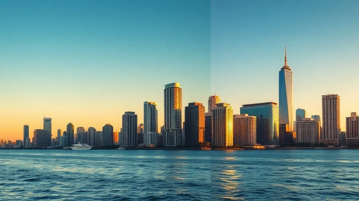 Miami skyline at sunset with Biscayne Bay, with Manhattan skyline faintly visible in the background, illustrating the cost comparison debate.