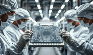 Silicon wafer in a semiconductor cleanroom, representing Microchip Technology's manufacturing operations.