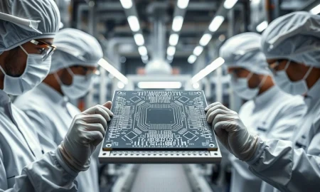 Silicon wafer in a semiconductor cleanroom, representing Microchip Technology's manufacturing operations.