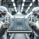 Silicon wafer in a semiconductor cleanroom, representing Microchip Technology's manufacturing operations.