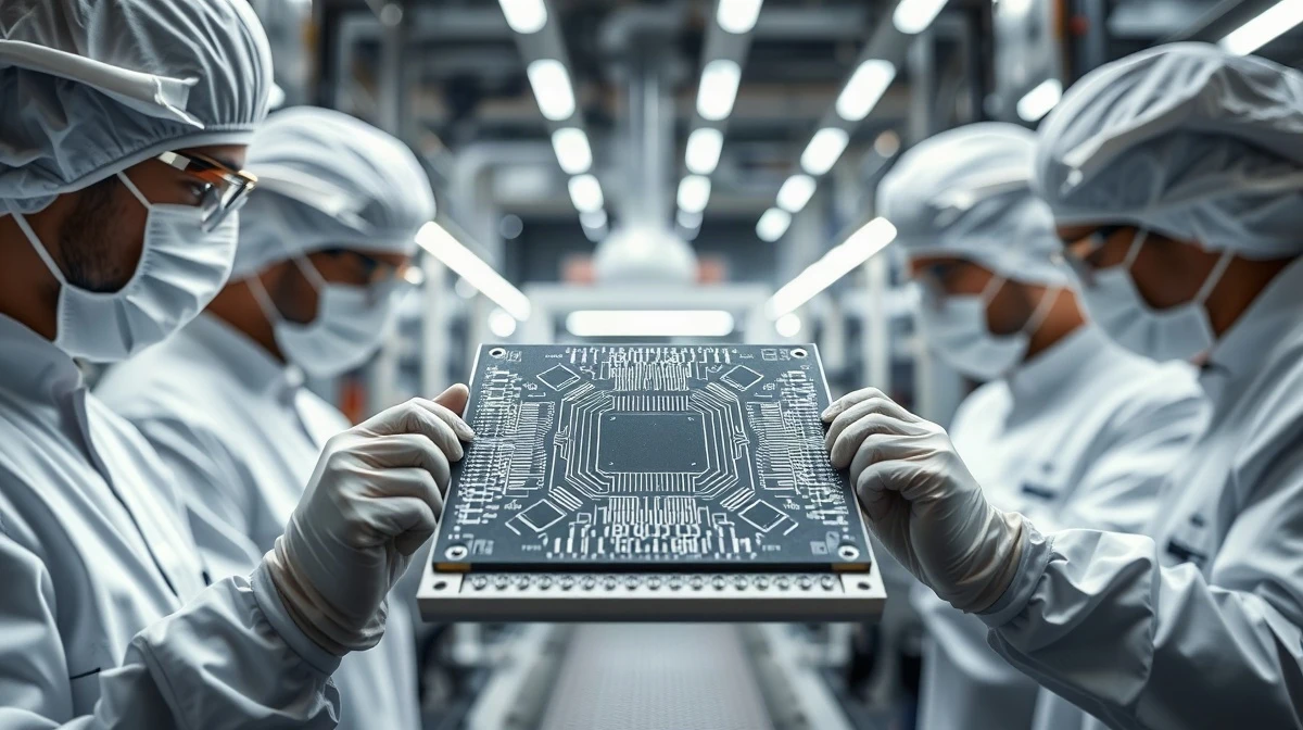 Silicon wafer in a semiconductor cleanroom, representing Microchip Technology's manufacturing operations.