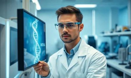 Scientist in lab reviewing mRNA structure on a screen, representing Moderna's melanoma vaccine research.