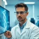 Scientist in lab reviewing mRNA structure on a screen, representing Moderna's melanoma vaccine research.