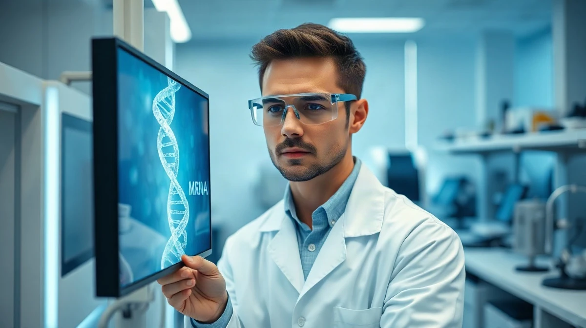 Scientist in lab reviewing mRNA structure on a screen, representing Moderna's melanoma vaccine research.