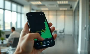 Smartphone displaying a cryptocurrency trading chart with a sharp green upward price spike for Momentum (MMT) token.