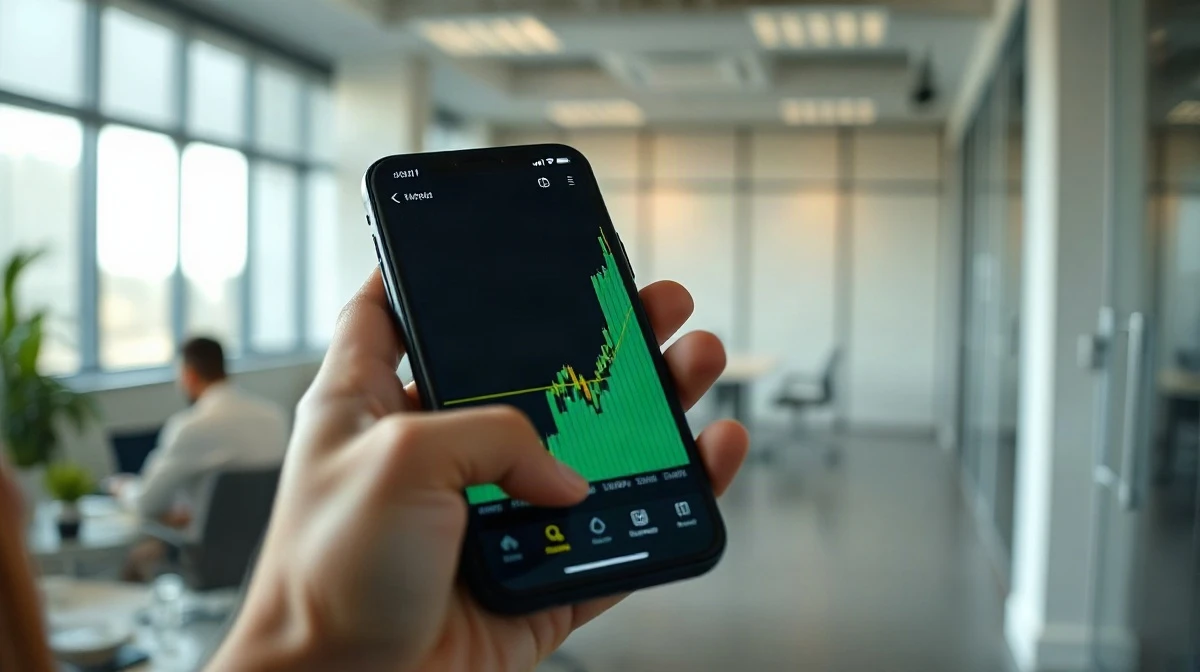 Smartphone displaying a cryptocurrency trading chart with a sharp green upward price spike for Momentum (MMT) token.