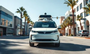 Autonomous robotaxi driving on a sunny city street
