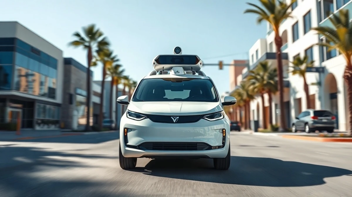 Autonomous robotaxi driving on a sunny city street