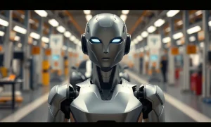 Tesla Optimus humanoid robot standing on a factory floor with a blurred car in the background