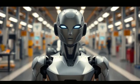 Tesla Optimus humanoid robot standing on a factory floor with a blurred car in the background