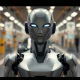 Tesla Optimus humanoid robot standing on a factory floor with a blurred car in the background