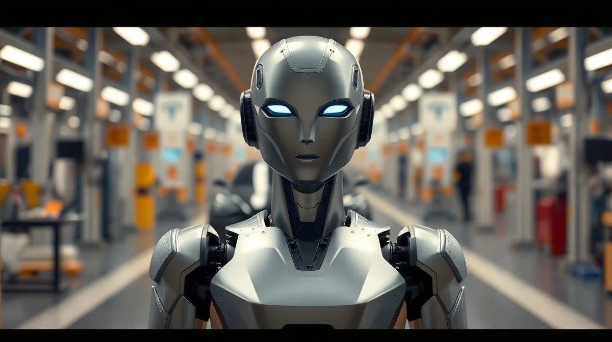 Tesla Optimus humanoid robot standing on a factory floor with a blurred car in the background