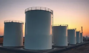 Natural gas storage facility at dusk with large white tanks under a warm sky