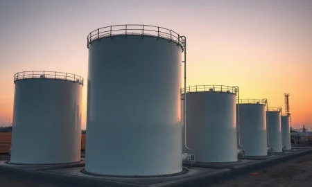 Natural gas storage facility at dusk with large white tanks under a warm sky