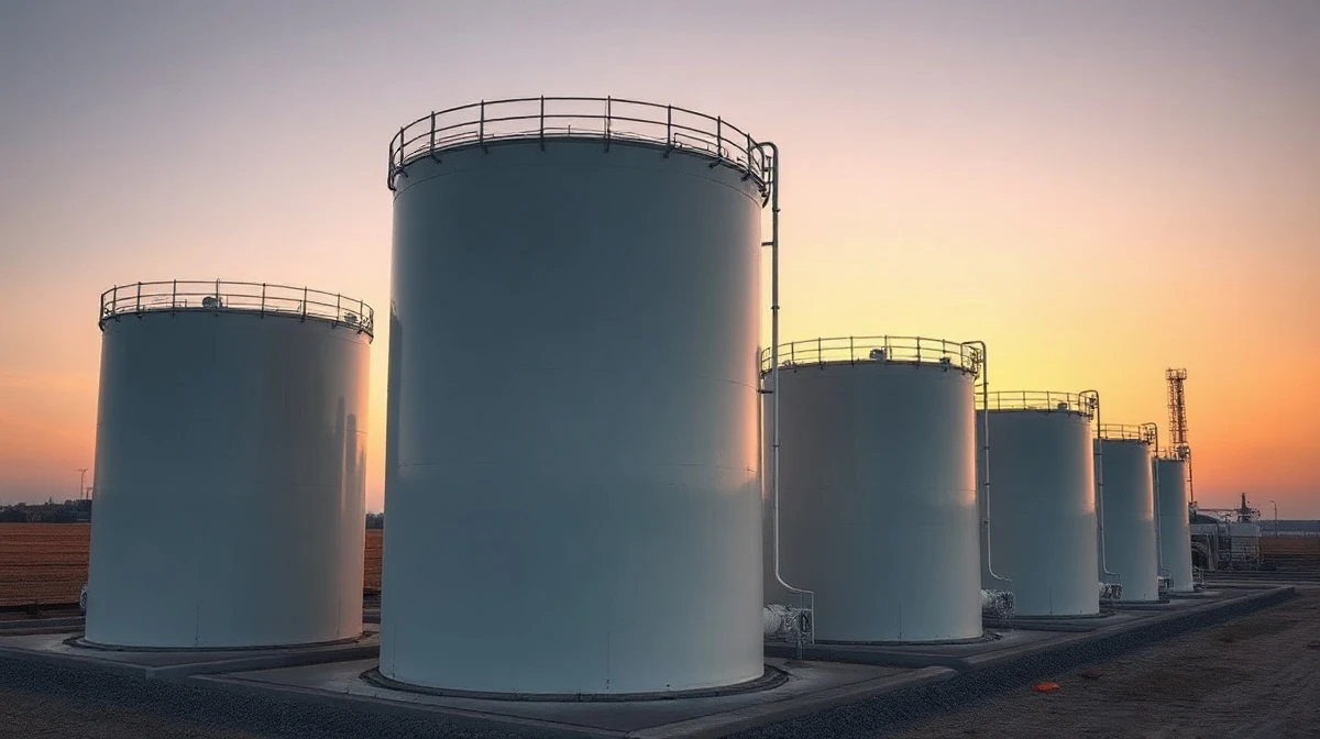 Natural gas storage facility at dusk with large white tanks under a warm sky