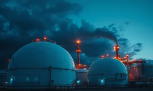Natural gas storage facility at dusk highlighting energy supply infrastructure