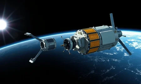 A robotic satellite servicing vehicle with robotic arms approaches a large communications satellite in Earth orbit.